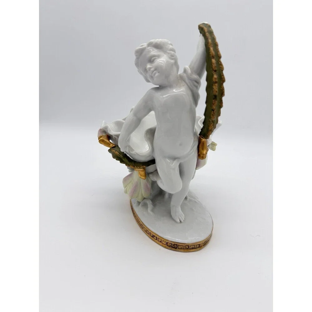Antique Moore Bros White/Gold Trim Orchid Porcelain Putti Cherub Bowl Sculpture